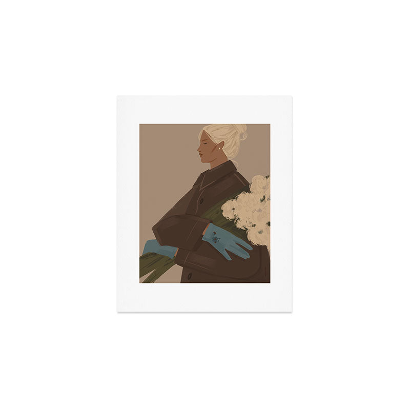  portrait of a woman in a coat and blue gloves Art Print Gallery Image 1