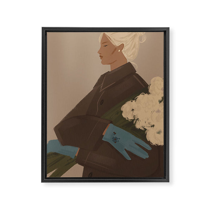  portrait of a woman in a coat and blue gloves Framed Canvas Print Gallery Image 1