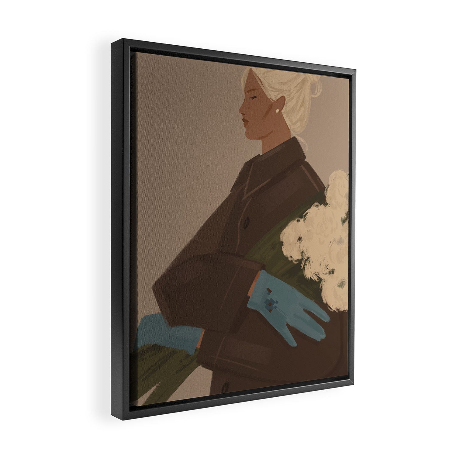  portrait of a woman in a coat and blue gloves Framed Canvas Print Gallery Image 2