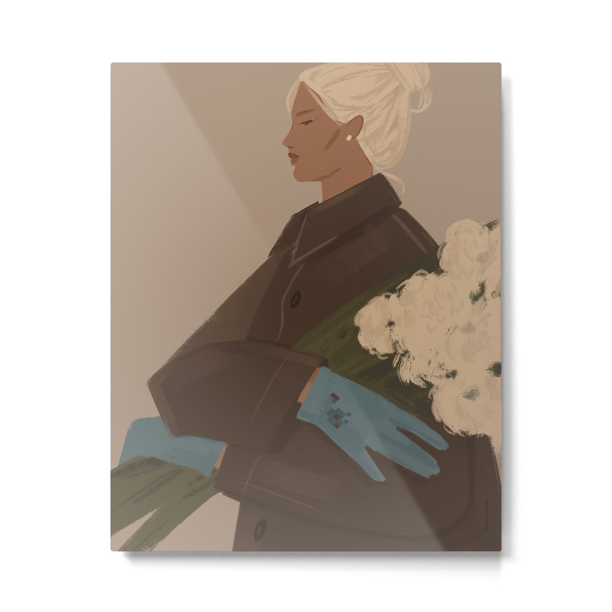  portrait of a woman in a coat and blue gloves Metal Print Gallery Image 4