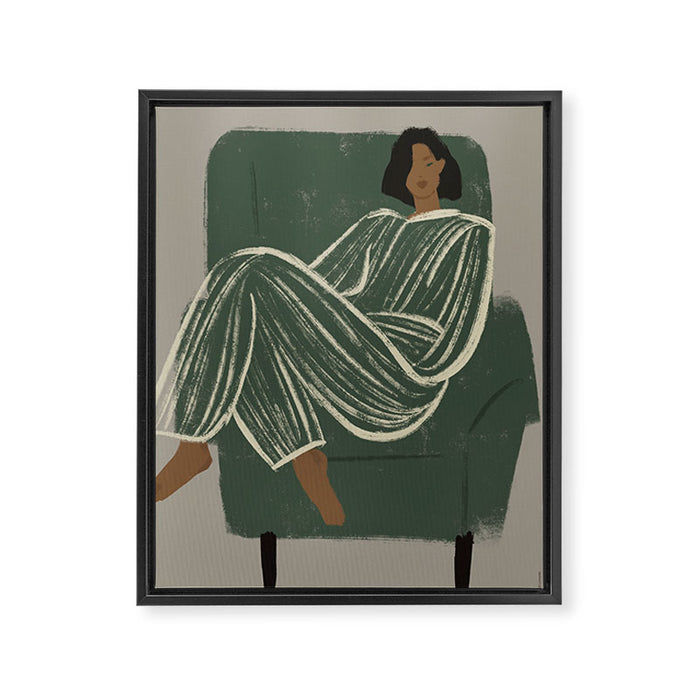  portrait of a woman in a striped suit and a green chair Framed Canvas Print Gallery Image 1