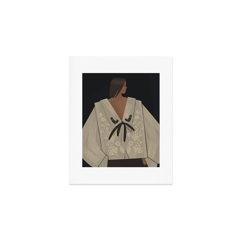  portrait of a woman in an embroidered shirt on a dark background Art Print Gallery Image 1