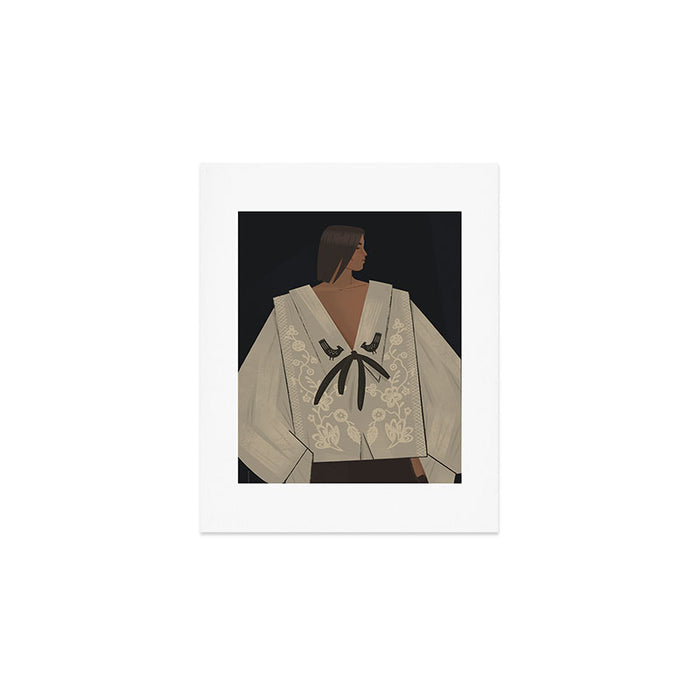 portrait of a woman in an embroidered shirt on a dark background Art Print Gallery Image 1