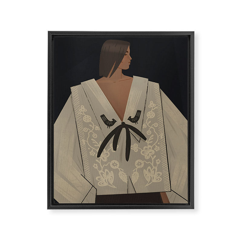  portrait of a woman in an embroidered shirt on a dark background Framed Canvas Print Gallery Image 6