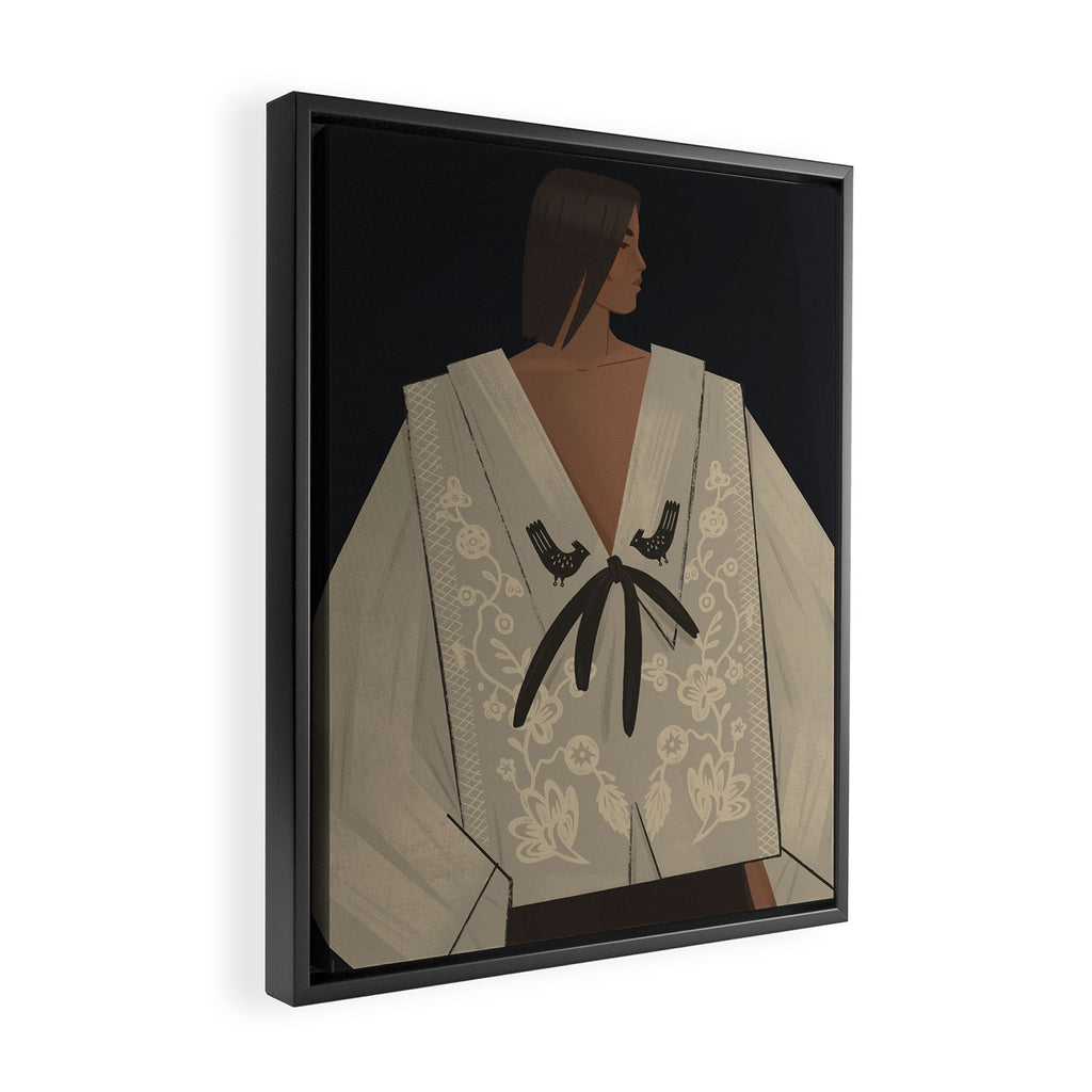  portrait of a woman in an embroidered shirt on a dark background Framed Canvas Print Gallery Image 2