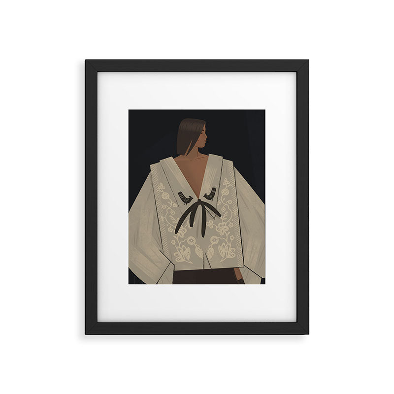  portrait of a woman in an embroidered shirt on a dark background Framed Art Print Gallery Image 5
