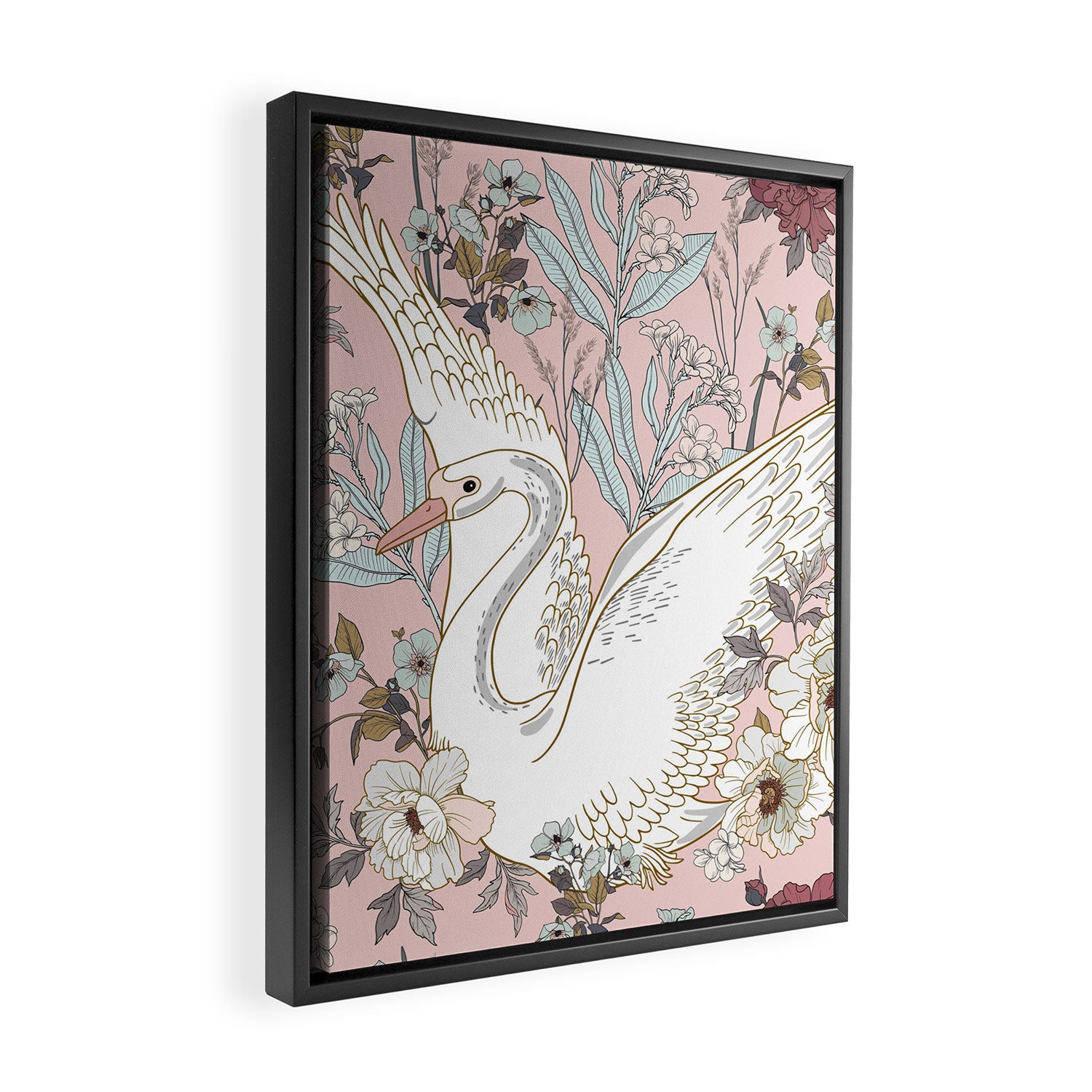 seamless floral pattern with white swan Framed Canvas Print Gallery Image 2