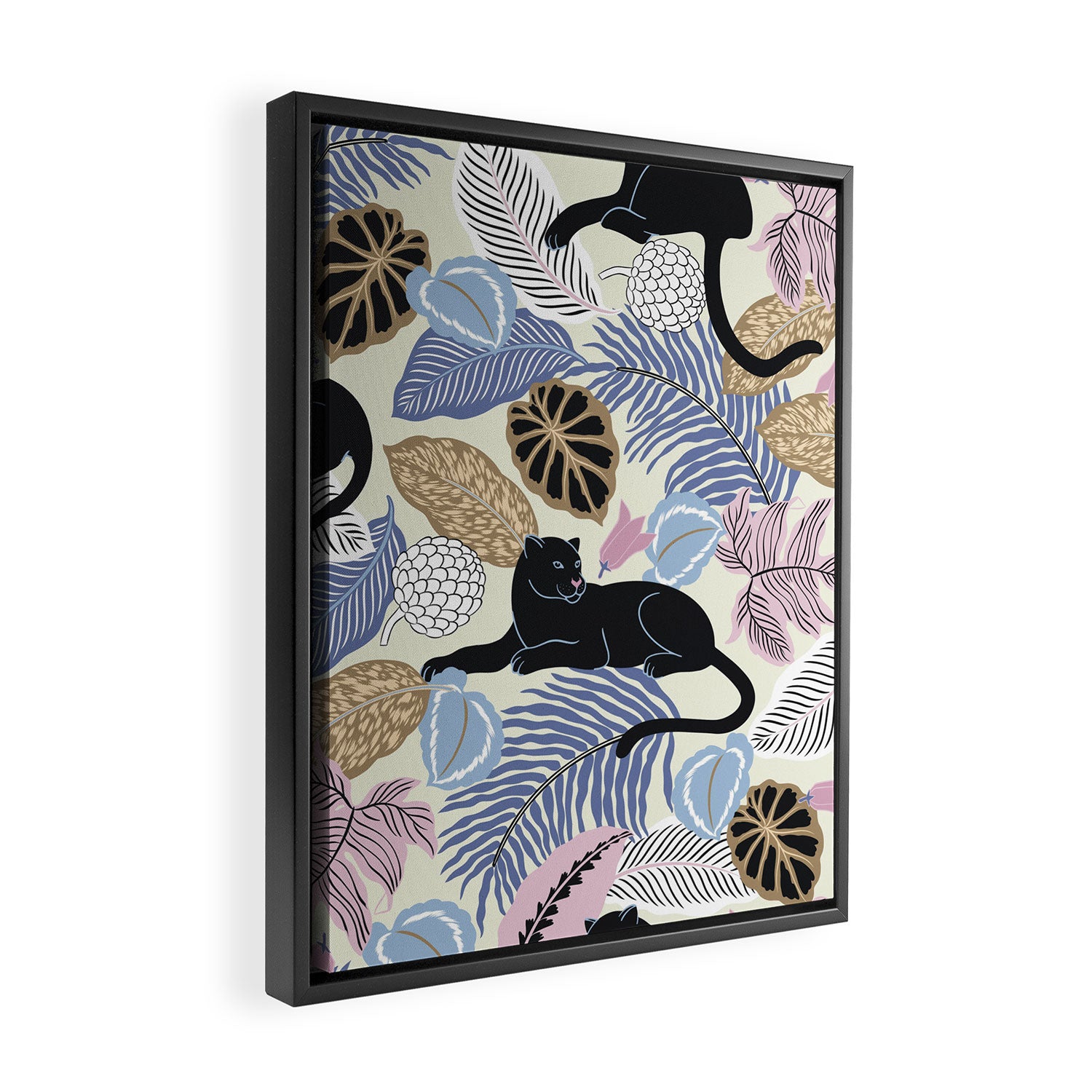 tropical seamless pattern with black leopards Framed Canvas Print Gallery Image 2