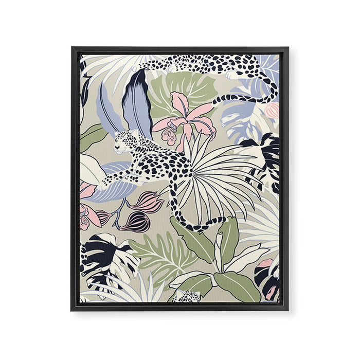 tropical seamless pattern with leopards Framed Canvas Print Gallery Image 1