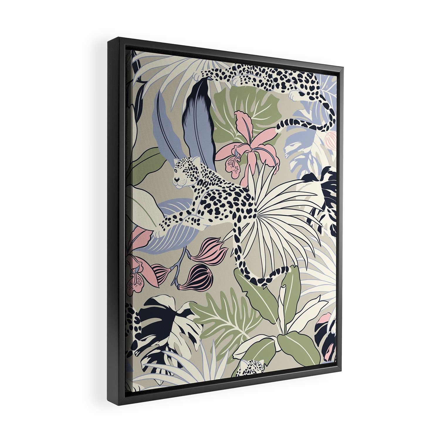 tropical seamless pattern with leopards Framed Canvas Print Gallery Image 2