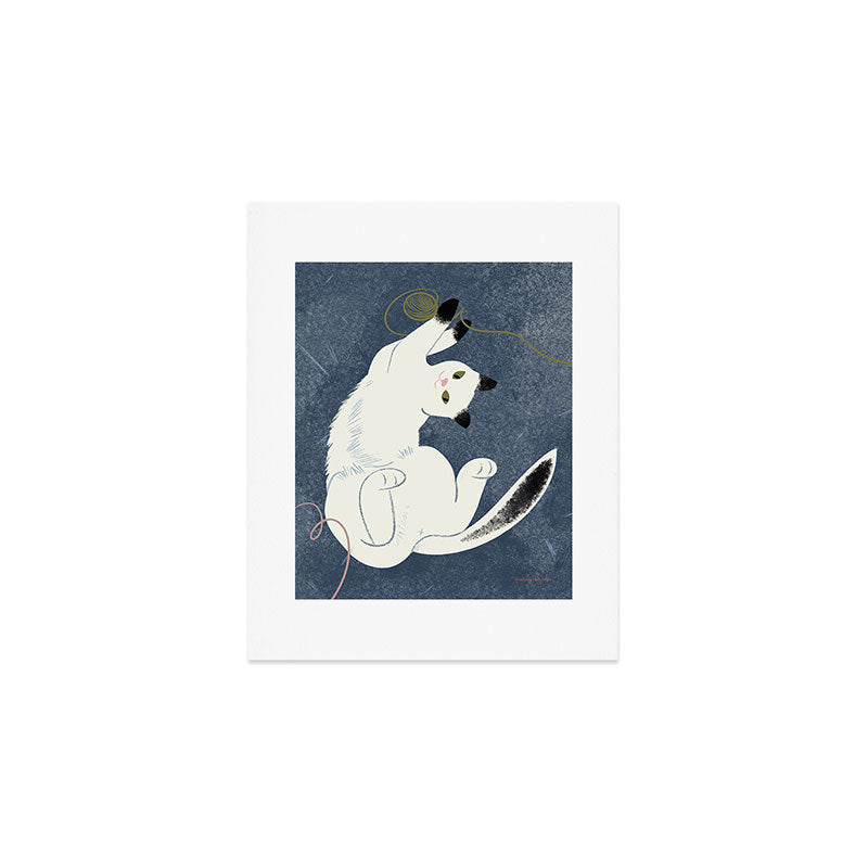  white cat on a blue background Art Print Gallery Image 1
