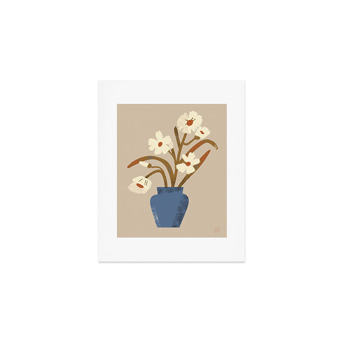 White flower in a blue vase Art Print Gallery Image 1