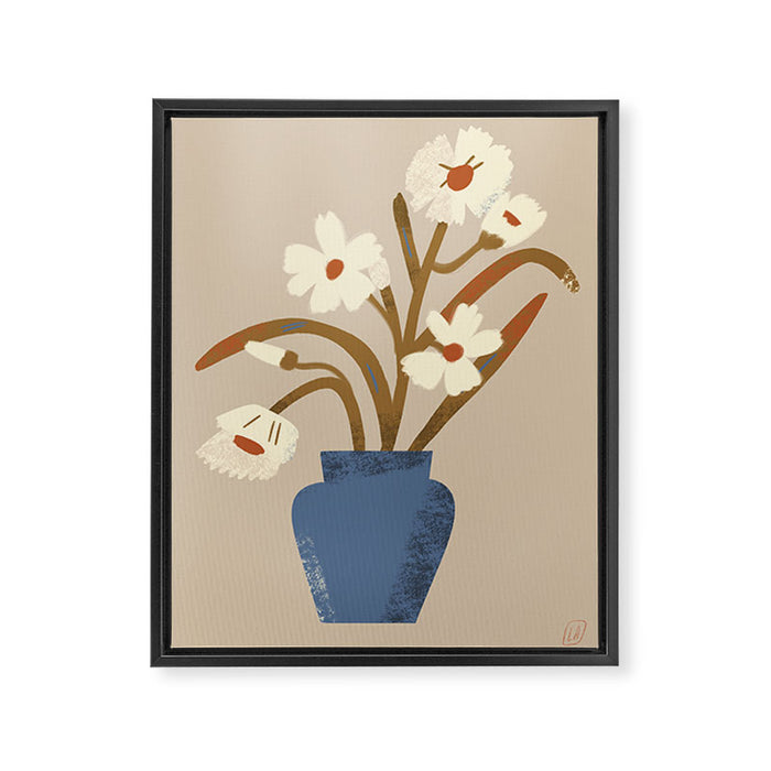 White flower in a blue vase Framed Canvas Print Gallery Image 1