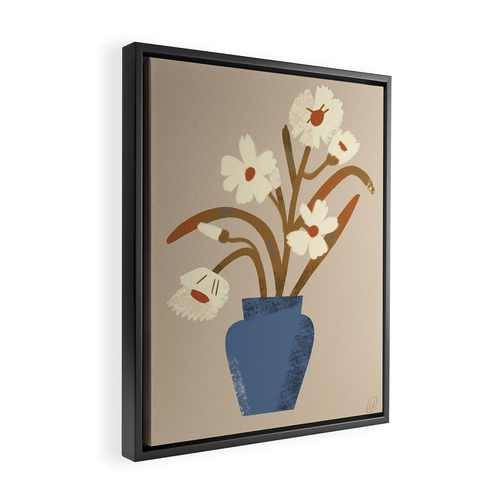 White flower in a blue vase Framed Canvas Print Gallery Image 2