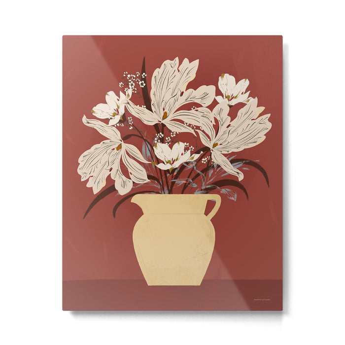 white flowers on a red background Metal Print Gallery Image 1