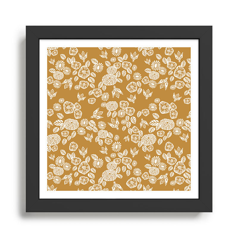 Bee Garden - linocut art, mustard, yellow, garden floral, home decor, bees, florals, flowers print Framed Art Print Gallery Image 1