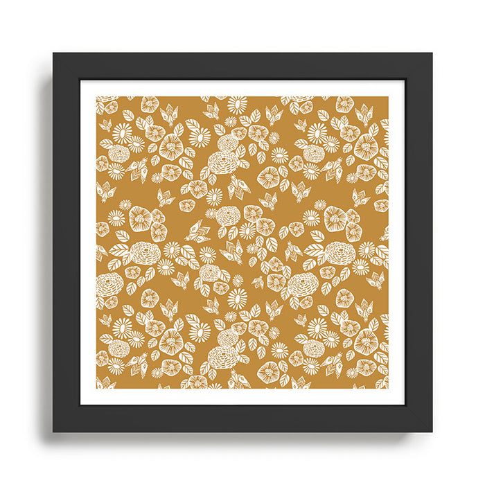 Bee Garden - linocut art, mustard, yellow, garden floral, home decor, bees, florals, flowers print Framed Art Print Gallery Image 1
