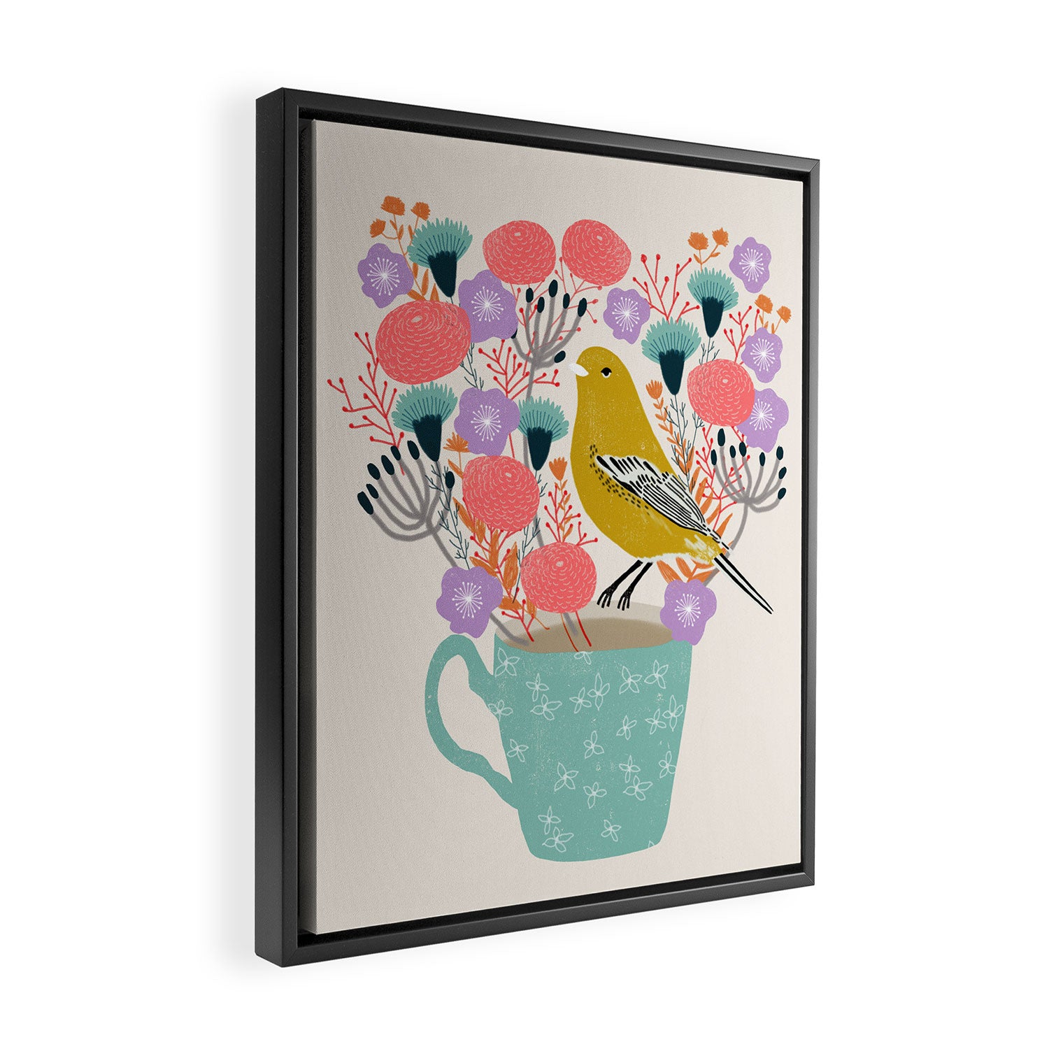 Bird and Flowers - Warbler by Andrea Lauren Framed Canvas Print Gallery Image 2