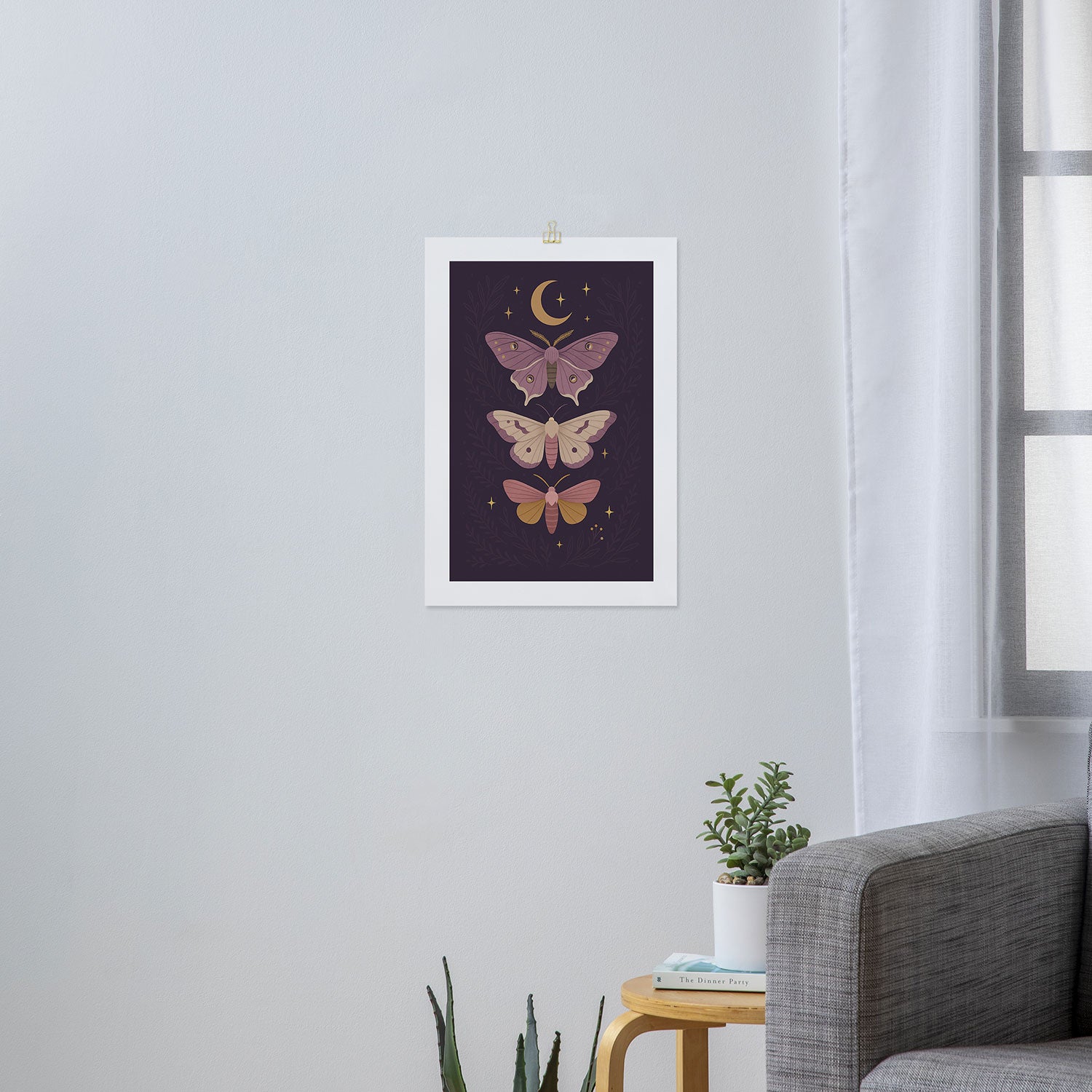Celestial Moths -  Plum and Gold Night Insect Illustration with Moon and Stars Art Print Gallery Image 3