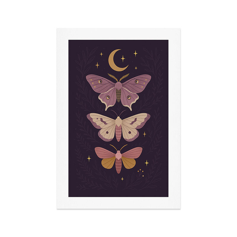 Celestial Moths -  Plum and Gold Night Insect Illustration with Moon and Stars Art Print Gallery Image 1