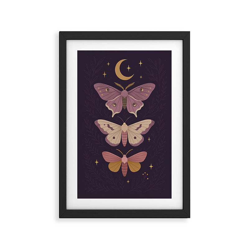 Celestial Moths -  Plum and Gold Night Insect Illustration with Moon and Stars Framed Art Print Gallery Image 2