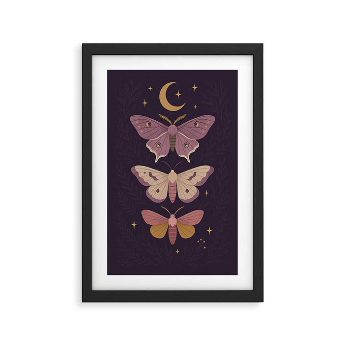 Celestial Moths -  Plum and Gold Night Insect Illustration with Moon and Stars Framed Art Print Gallery Image 1