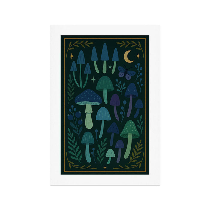 Cool-Tone Folk Mushroom Print - Enchanted Night Forest Wall Art Art Print Gallery Image 1
