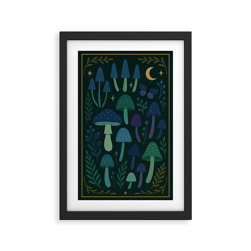 Cool-Tone Folk Mushroom Print - Enchanted Night Forest Wall Art Framed Art Print Gallery Image 2