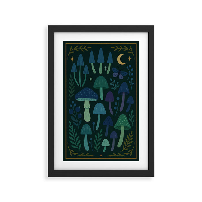 Cool-Tone Folk Mushroom Print - Enchanted Night Forest Wall Art Framed Art Print Gallery Image 1