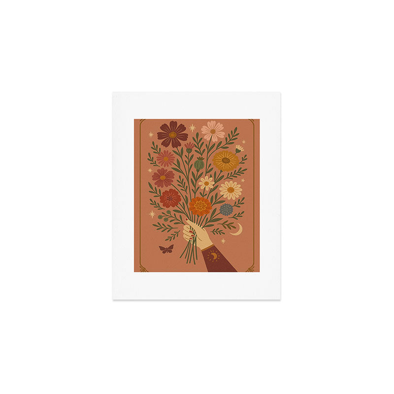 Folk Bouquet - Whimsical Hand Holding Wildflowers under Moon and Stars Art Print Gallery Image 1