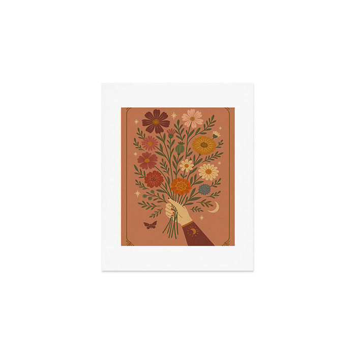 Folk Bouquet - Whimsical Hand Holding Wildflowers under Moon and Stars Art Print Gallery Image 1