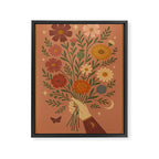 Folk Bouquet - Whimsical Hand Holding Wildflowers under Moon and Stars Framed Canvas Print Gallery Image 6