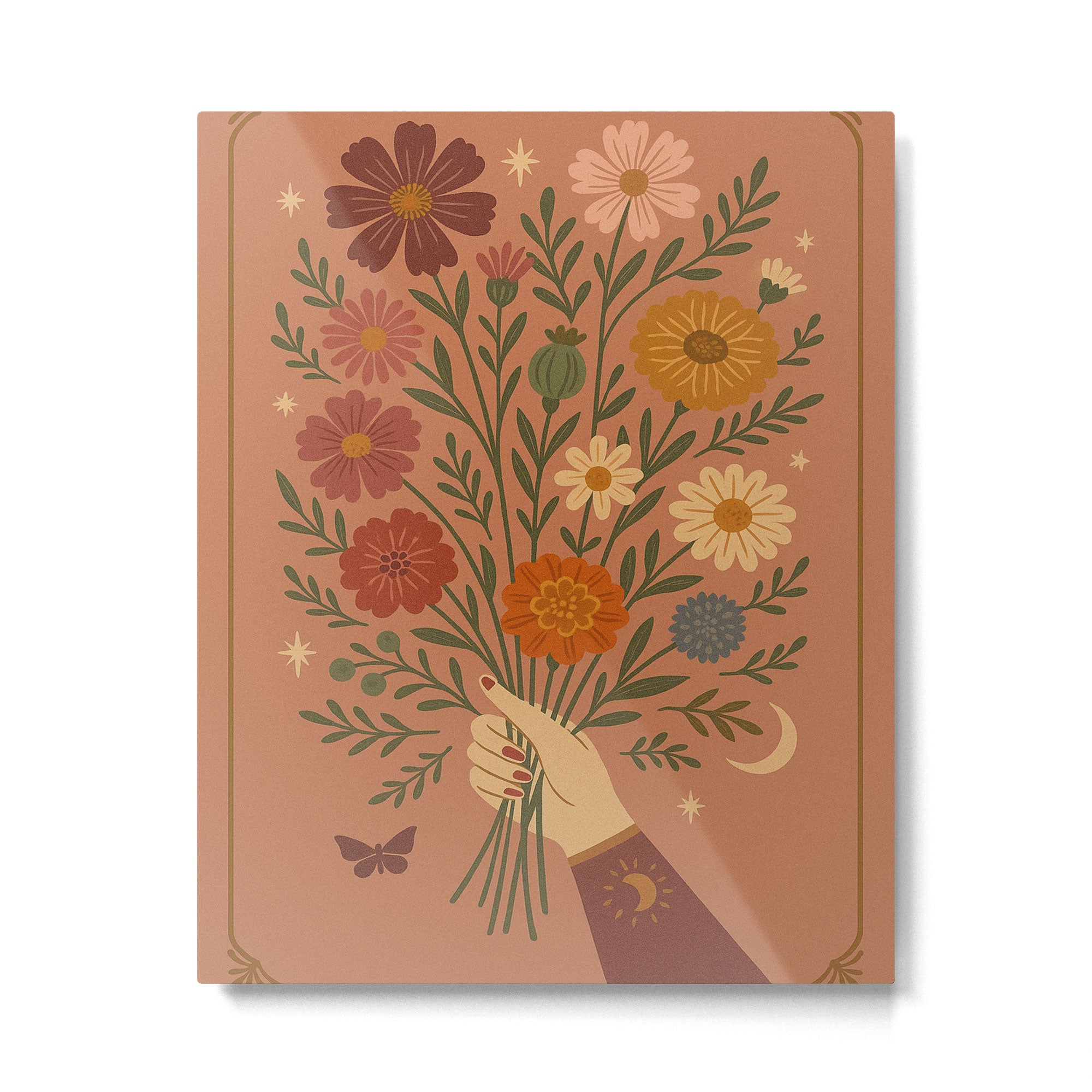 Folk Bouquet - Whimsical Hand Holding Wildflowers under Moon and Stars Metal Print Gallery Image 4