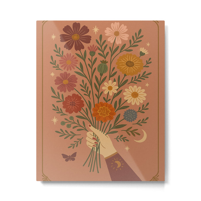 Folk Bouquet - Whimsical Hand Holding Wildflowers under Moon and Stars Metal Print Gallery Image 1