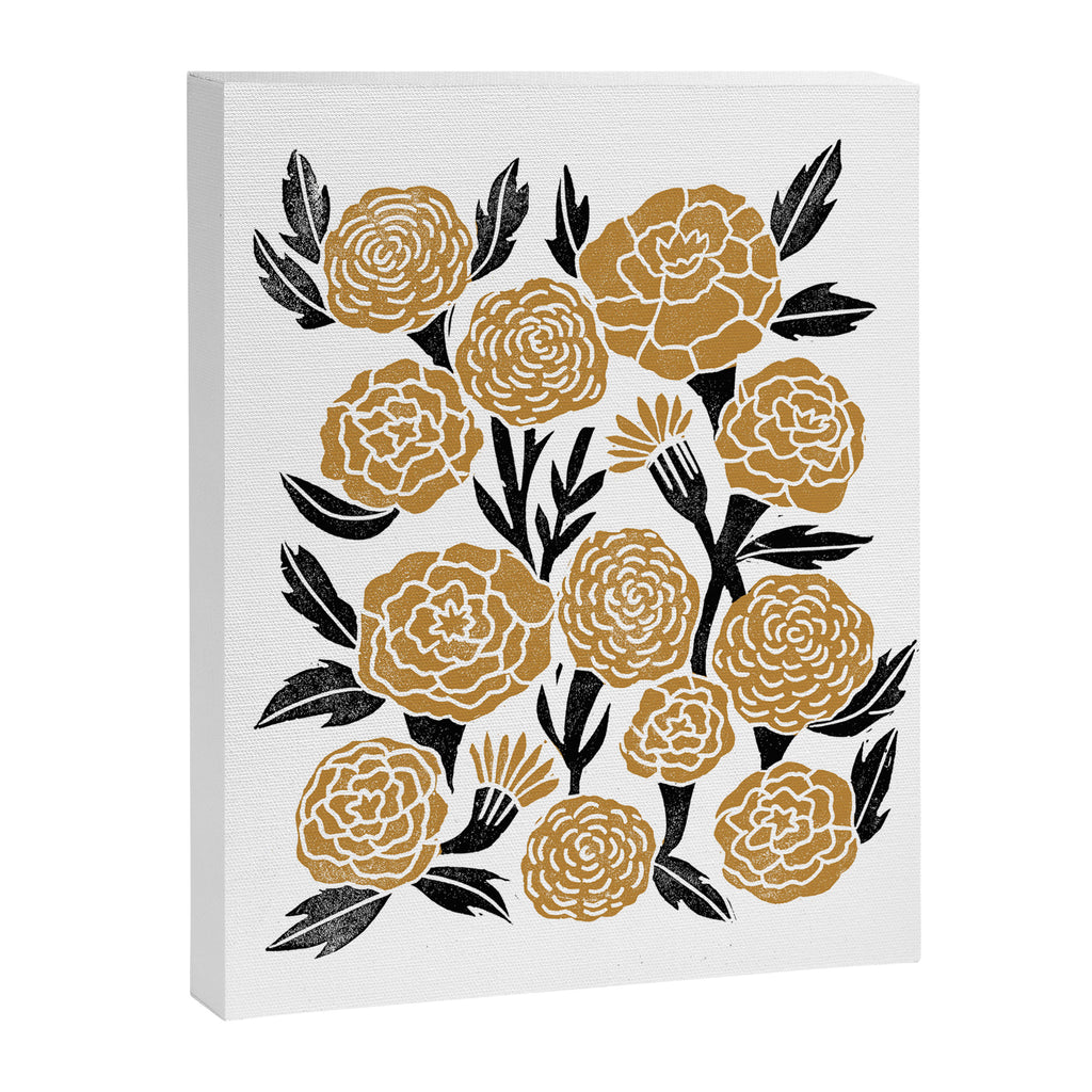 Golden Flowers - floral, yellow, golden yellow, ochre, linocut, woodcut, woodblock Canvas Print Gallery Image 6