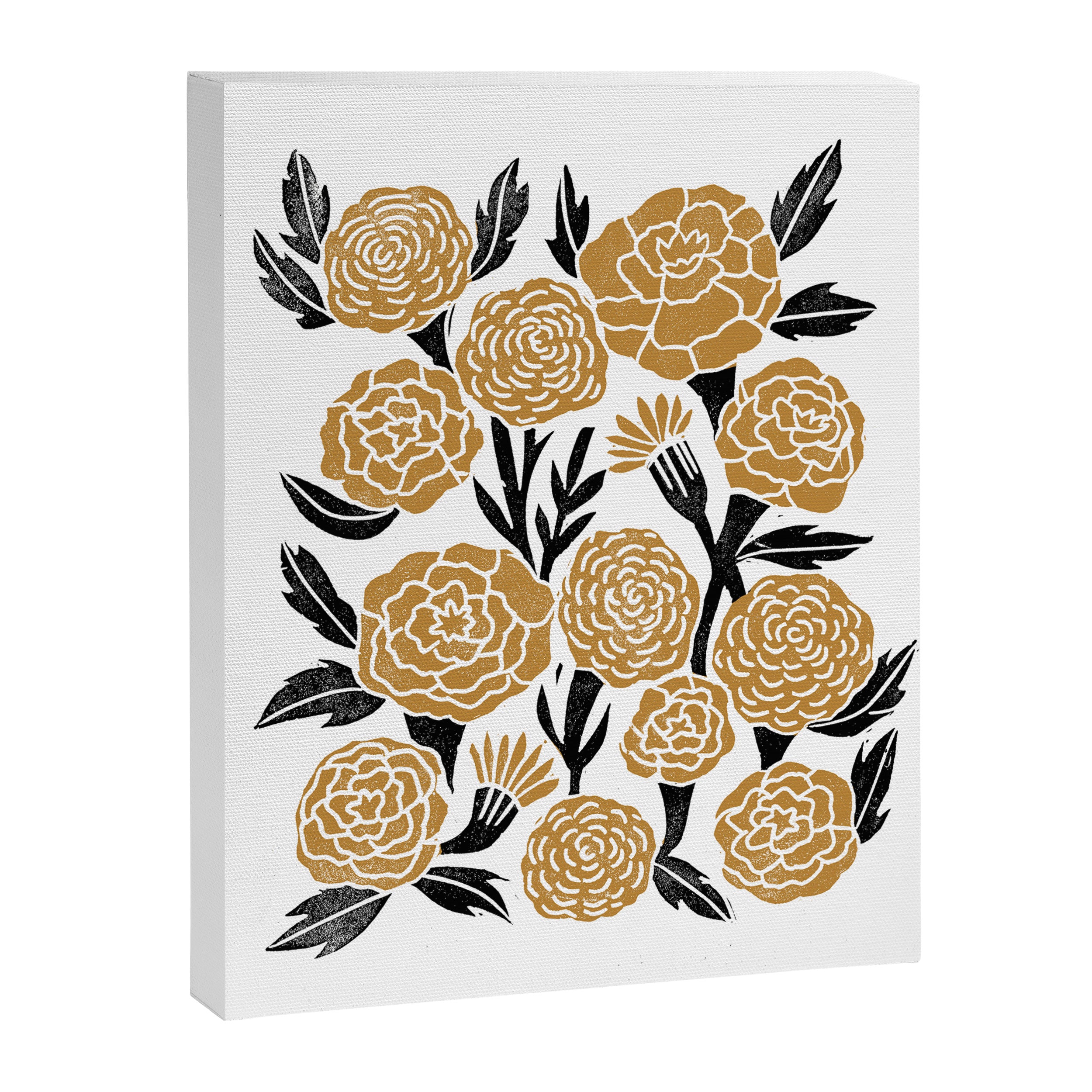 Golden Flowers - floral, yellow, golden yellow, ochre, linocut, woodcut, woodblock Canvas Print Gallery Image 6