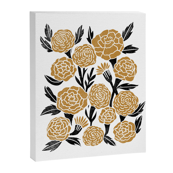 Golden Flowers - floral, yellow, golden yellow, ochre, linocut, woodcut, woodblock Canvas Print Gallery Image 1