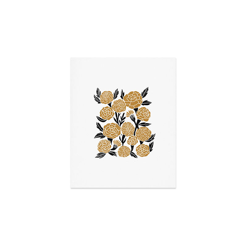 Golden Flowers - floral, yellow, golden yellow, ochre, linocut, woodcut, woodblock Art Print Gallery Image 1
