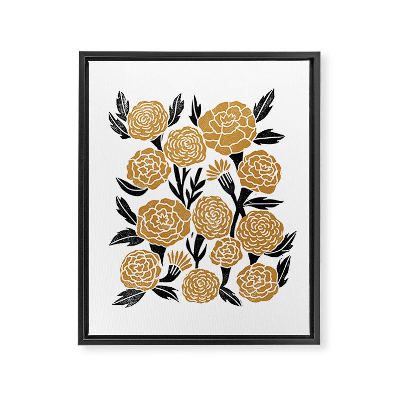 Golden Flowers - floral, yellow, golden yellow, ochre, linocut, woodcut, woodblock Framed Canvas Print Gallery Image 6