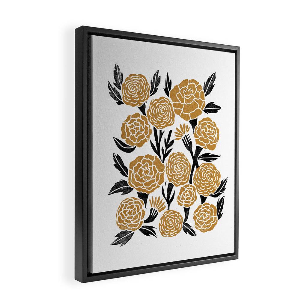 Golden Flowers - floral, yellow, golden yellow, ochre, linocut, woodcut, woodblock Framed Canvas Print Gallery Image 2
