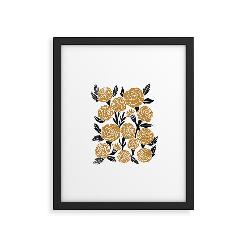 Golden Flowers - floral, yellow, golden yellow, ochre, linocut, woodcut, woodblock Framed Art Print Gallery Image 5