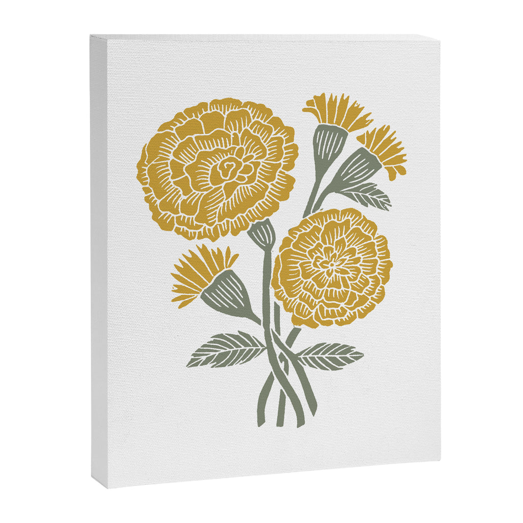 Marigold - gold marigold, yellow,  yellow flowers, yellow floral, linocut art, woodcut art, woodblock art, marigold flowers Canvas Print Gallery Image 6