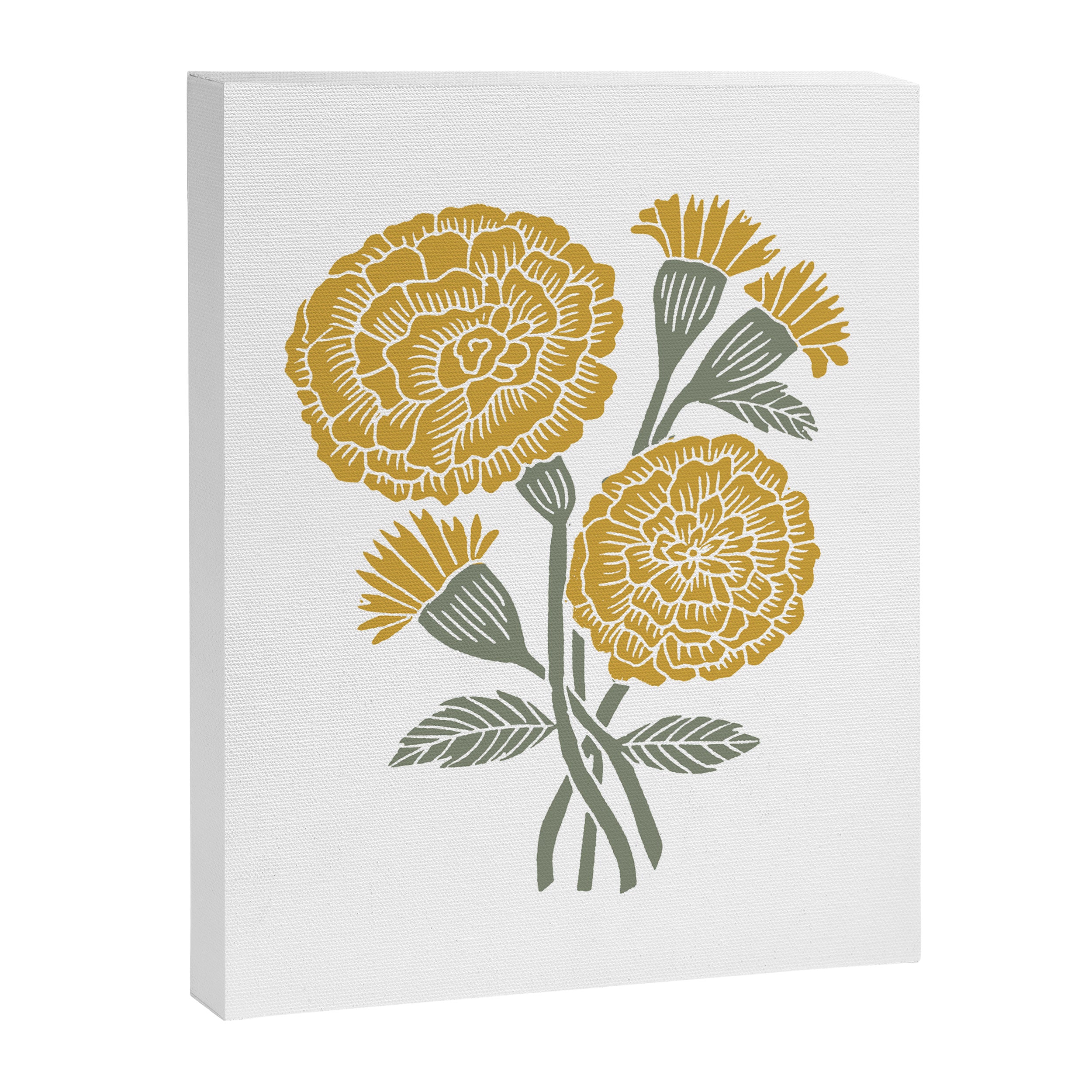 Marigold - gold marigold, yellow,  yellow flowers, yellow floral, linocut art, woodcut art, woodblock art, marigold flowers Canvas Print Gallery Image 6