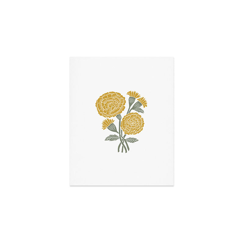 Marigold - gold marigold, yellow,  yellow flowers, yellow floral, linocut art, woodcut art, woodblock art, marigold flowers Art Print Gallery Image 1