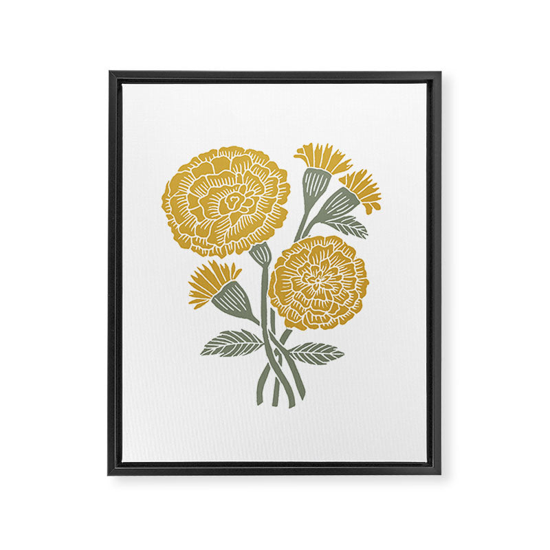 Marigold - gold marigold, yellow,  yellow flowers, yellow floral, linocut art, woodcut art, woodblock art, marigold flowers Framed Canvas Print Gallery Image 6