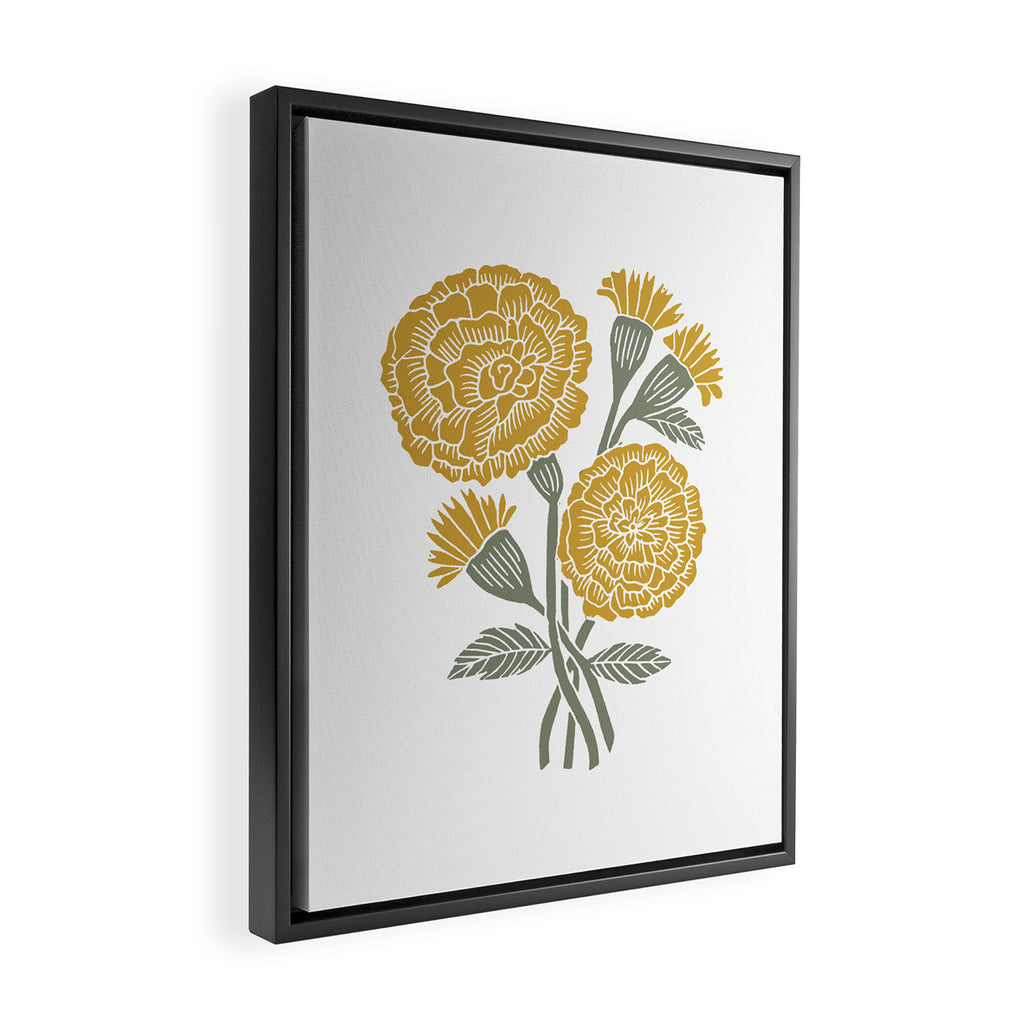 Marigold - gold marigold, yellow,  yellow flowers, yellow floral, linocut art, woodcut art, woodblock art, marigold flowers Framed Canvas Print Gallery Image 2