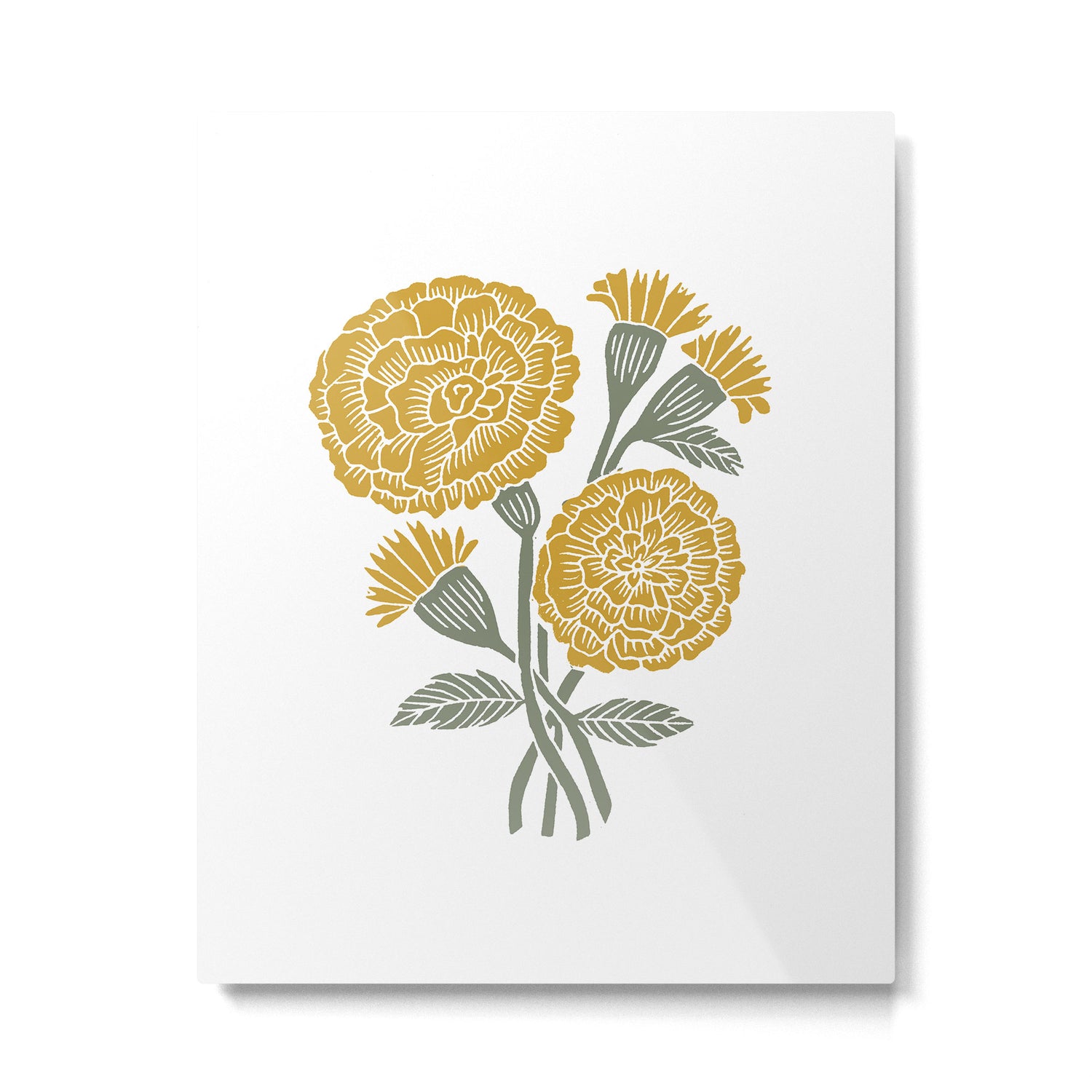 Marigold - gold marigold, yellow,  yellow flowers, yellow floral, linocut art, woodcut art, woodblock art, marigold flowers Metal Print Gallery Image 4
