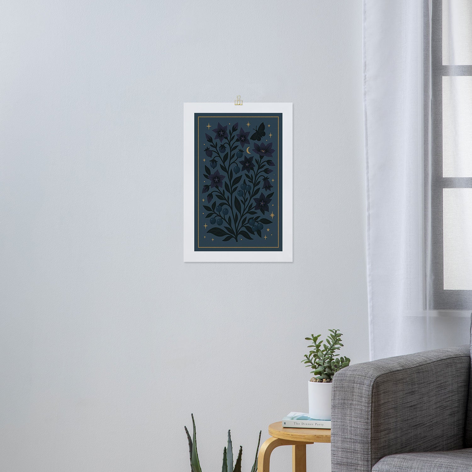Midnight Belladonna - Mystical Folk Floral with Stars and Moon Art Print Gallery Image 3
