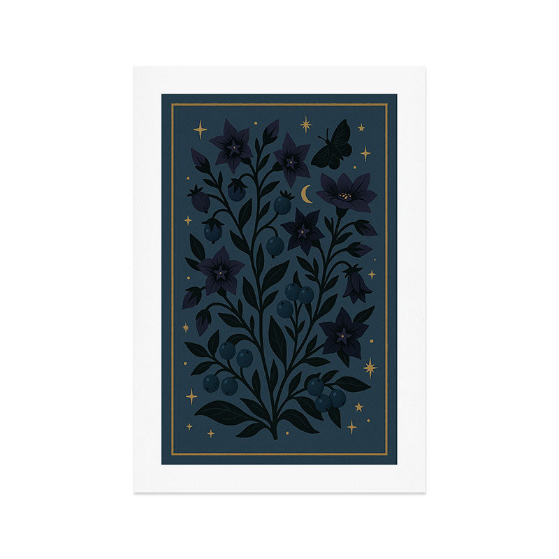 Midnight Belladonna - Mystical Folk Floral with Stars and Moon Art Print Gallery Image 1