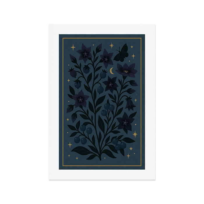 Midnight Belladonna - Mystical Folk Floral with Stars and Moon Art Print Gallery Image 1